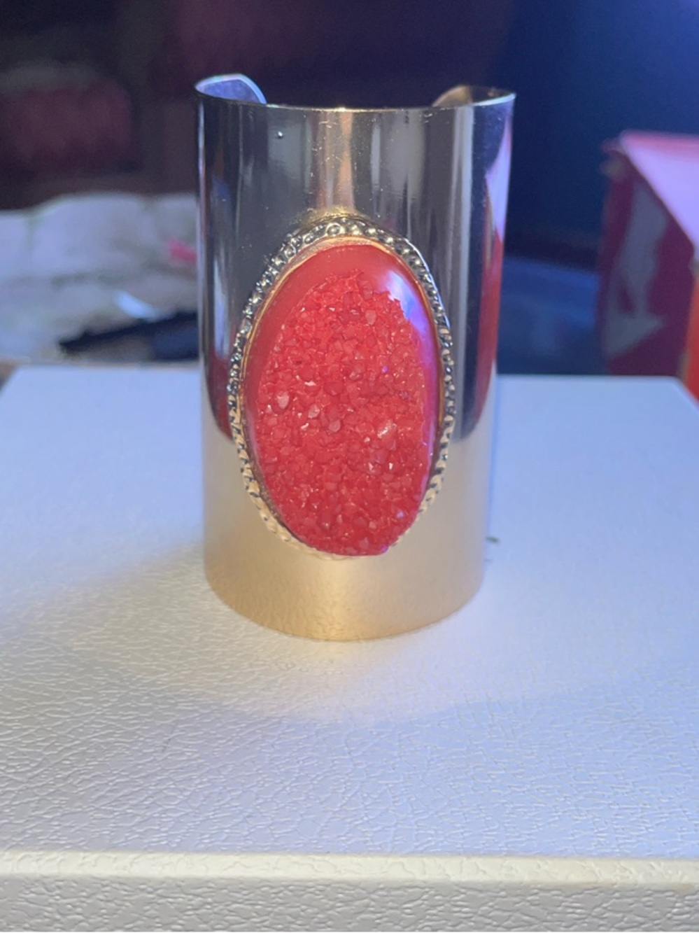 Gold Cuff Bracelet with Pink Oval Druzy Accent